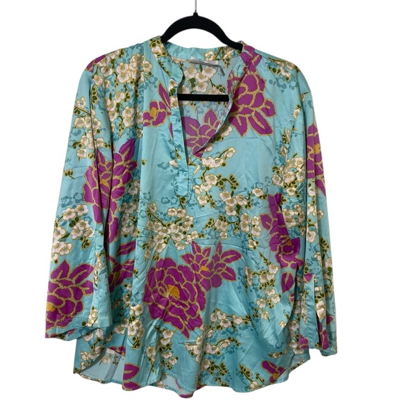 Natori Harumi Satin Pajama-Top Pull-Over Long Sleeve Floral Multicolor Women L - Picture 2 of 8